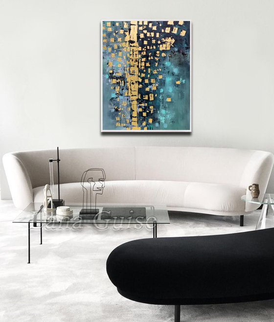 Getting Closer - Abstract Painting 40" Large Canvas, Gold Leaf, Minimalist Painting