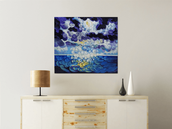 Full Moon (80x90cm, cubism, oil painting, ready to hang)