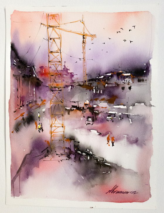 Construction site. Original watercolor painting