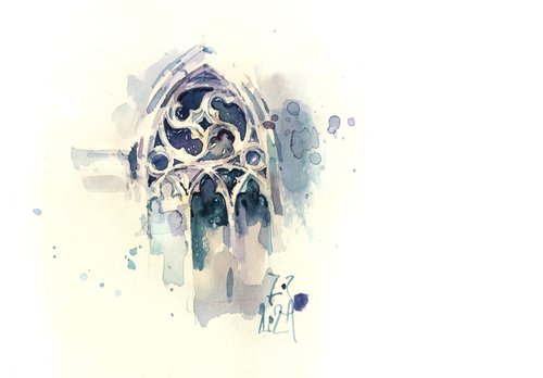 Architectural sketch in gray-blue tones "Rose of the Gothic window" - Original watercolor painting by Ksenia Selianko