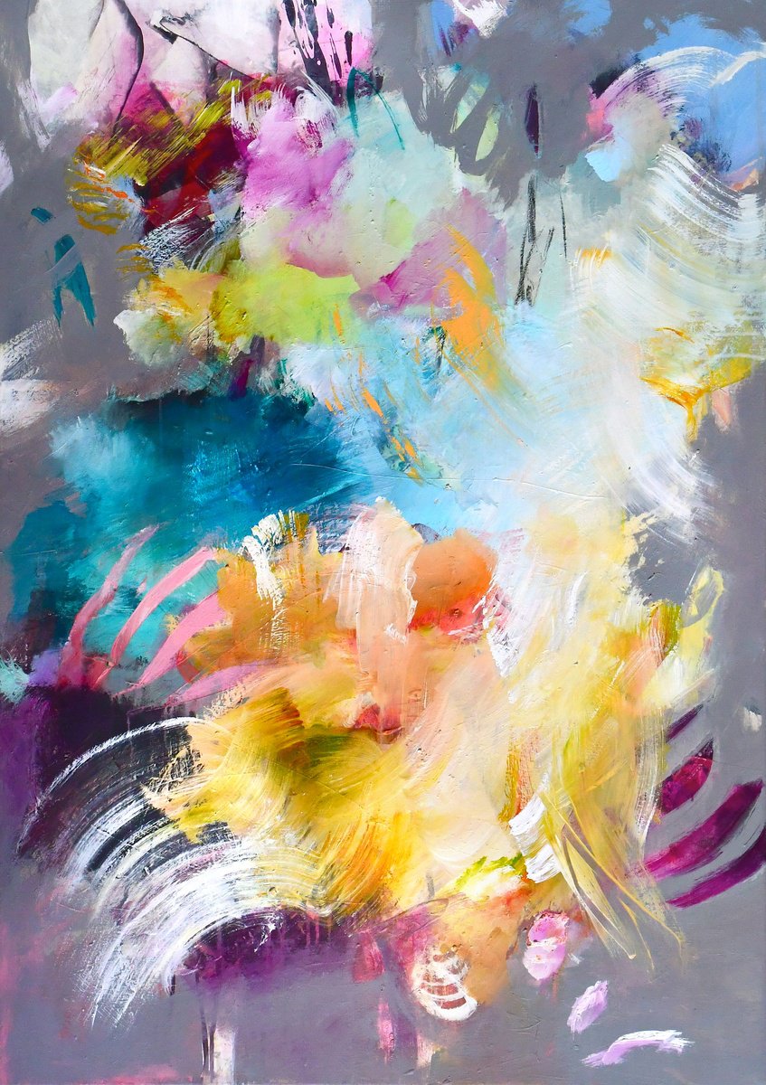 Expressive Abstract Acrylic Painting By Kirsten Handelmann, 28 X 39", Funny Things, Original Artwork
