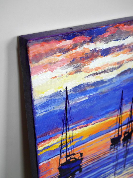 "SUNDOWN AND BOATS".  ORIGINAL  PAINTING, READY TO HANG, WALL DECOR, GIFT IDEA