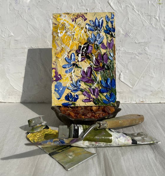 Corneflowers Painting Floral Original Art Flowers Oil Impasto Artwork Small Home Wall Art 4 by 6"by Halyna Kirichenko