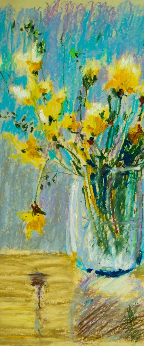 Summer bouquet of dundeliones. Home isolation series. Oil pastel painting. Small original flowers yellow turquoise wild gentle decor interior provence by Sasha Romm