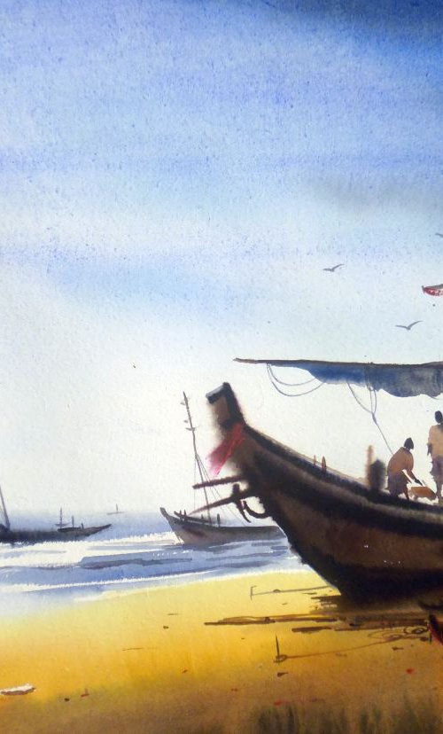 Fishing Boats at Seashore-Watercolor on paper by Samiran Sarkar