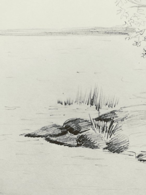 By the lake. Original pencil drawing.