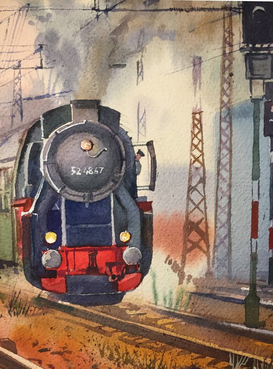 Old train. Locomotive and railway, painting