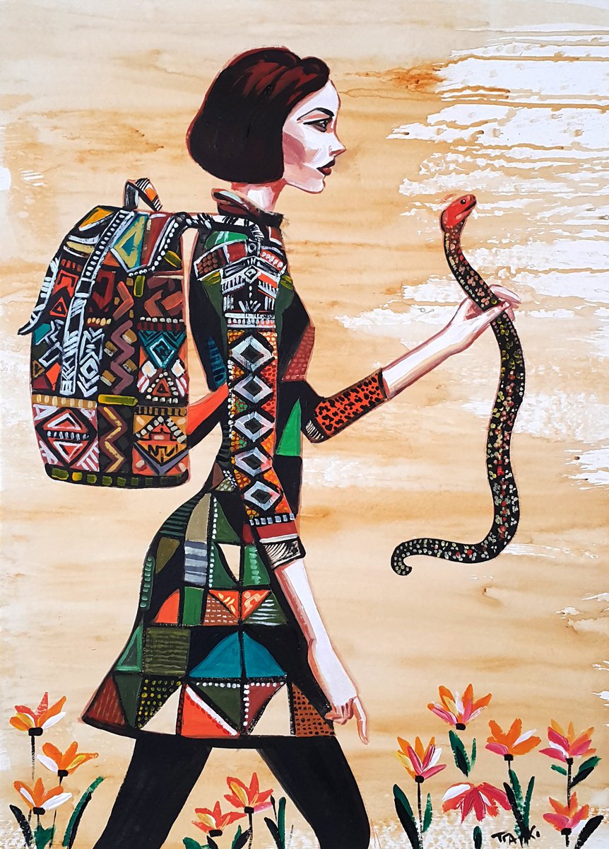 Abstract Portrait Acrylic Painting By Trayko Popov, 22 X 30", Desert Dialogue ????????, Original Artwork