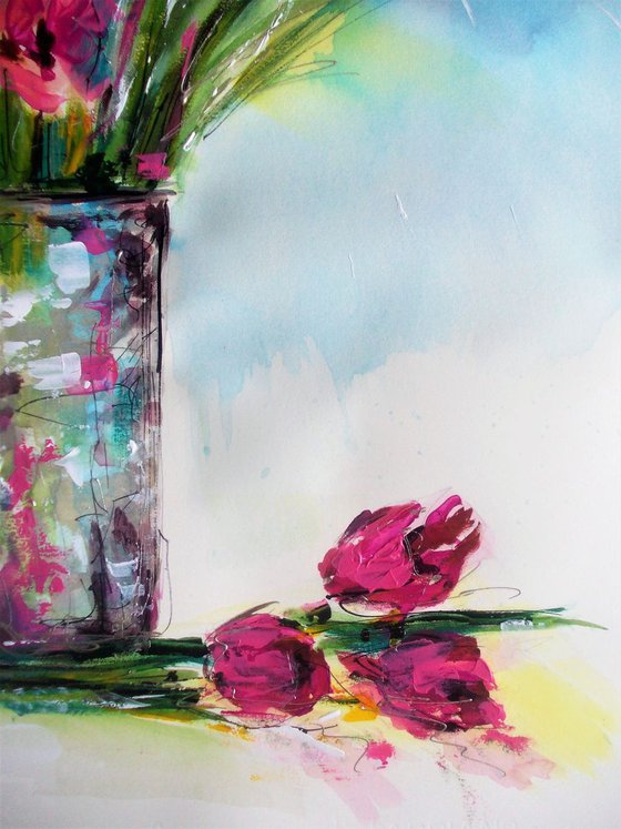 Pink Tulips - Watercolor , Acrylic Tulip In A Vase Painting