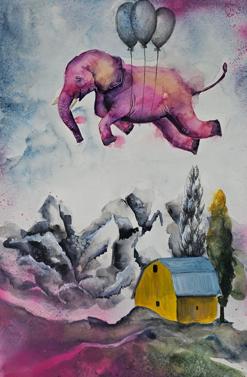 Surrealistic Animal Watercolour By Evgenia Smirnova, 15 X 22, Pink Elephant, Original Artwork