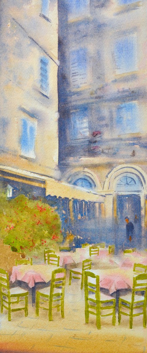 Small restaurant with green chairs Corfu Greece 23x54cm 2023 by Nenad Kojić watercolorist