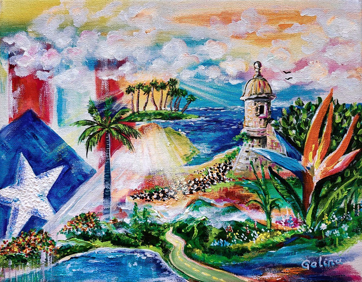 Expressive Landscape Acrylic Painting By Galina Victoria, 14 X 11, Dreaming Of Puerto Rico, Original Artwork