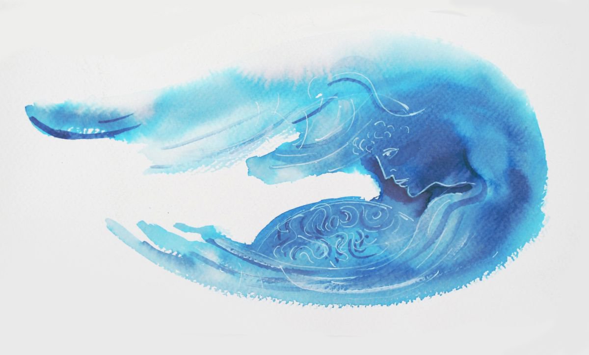 Surrealistic Portrait Ink Drawing By John Sharp, 12 X 8, Angel Earth Moon 3A, Original Artwork