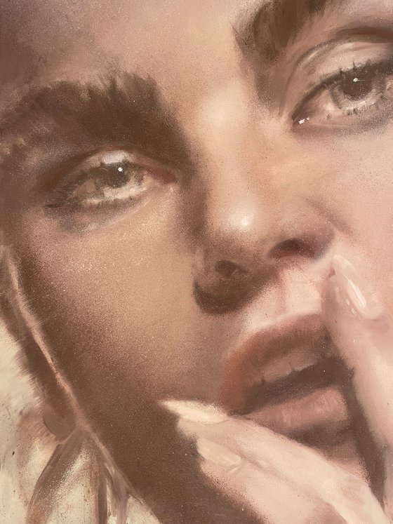 Sexy seductive female portrait blonde woman hands staring lips portraiture oil on canvas painting