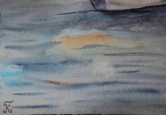 Watercolor painting Ship in Oslo port, Norway fjord