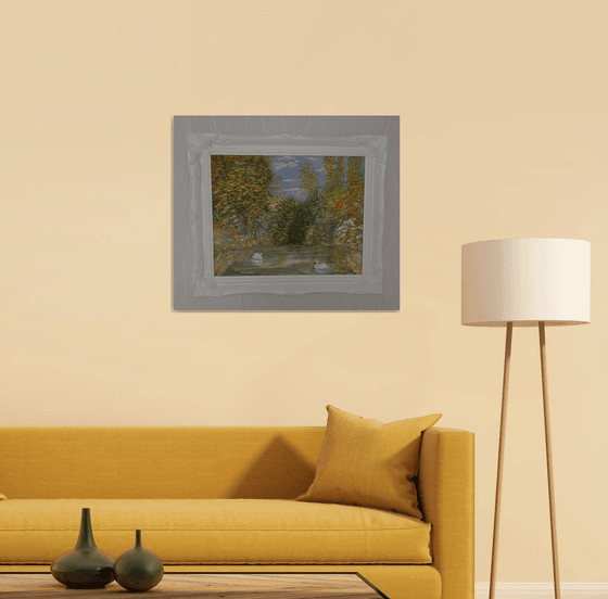 Swans on a serene forest lake