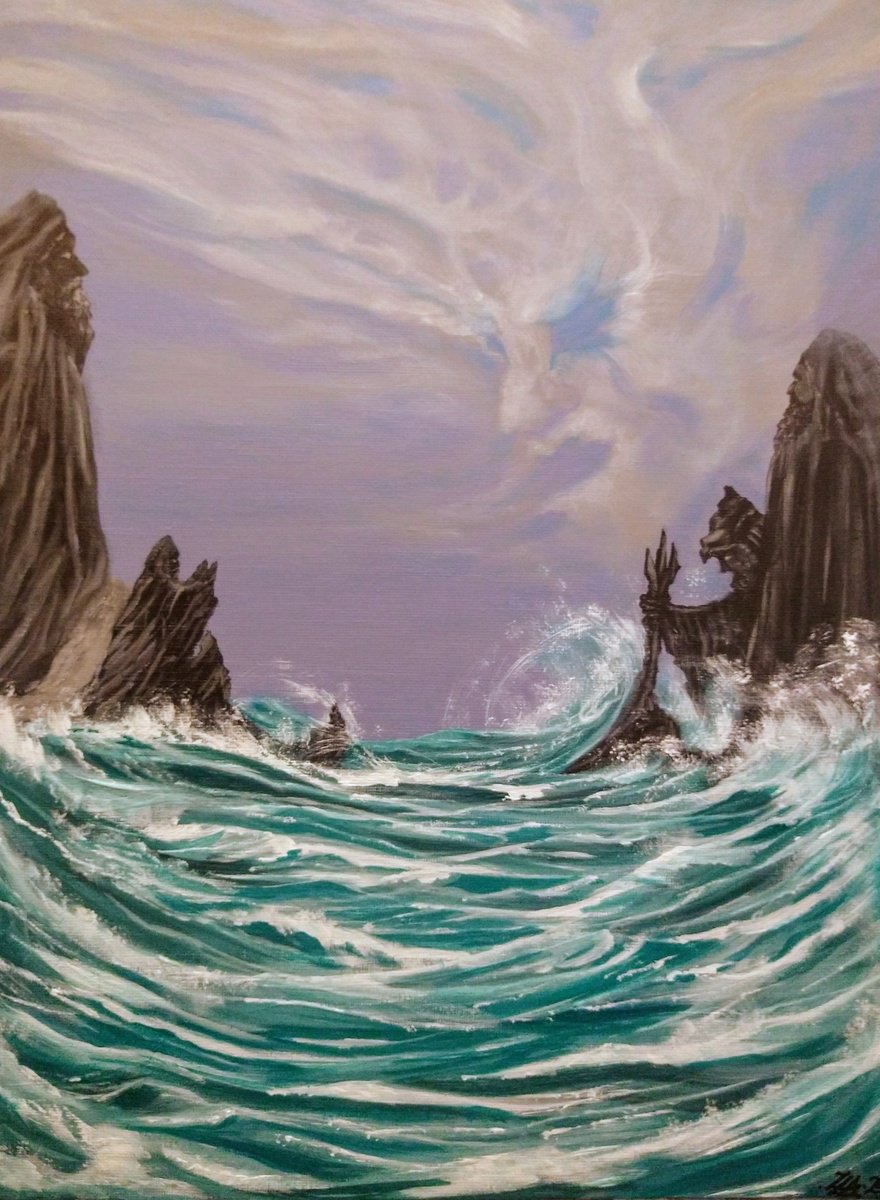 Surrealistic Landscape Acrylic Painting By Zoe Adams, 12 X 15", Sky God., Original Artwork