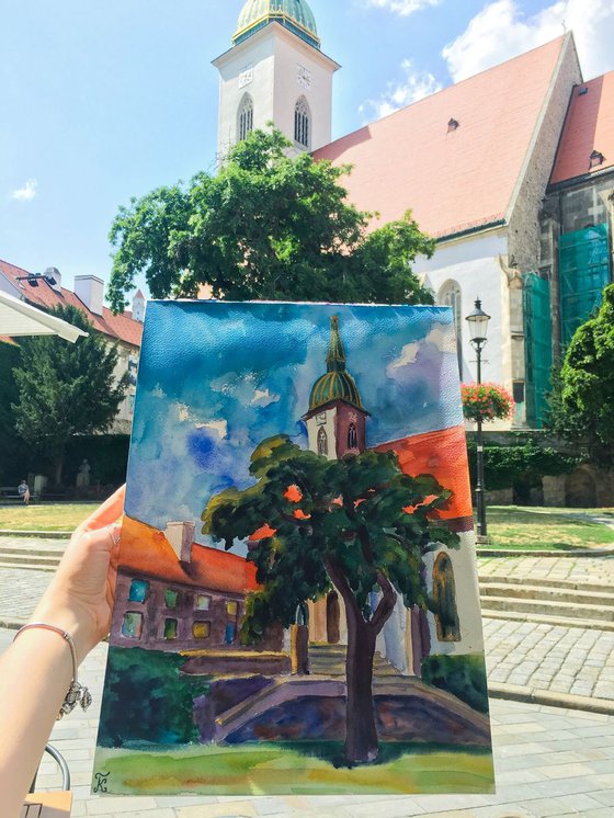 Bratislava church ORIGINAL watercolor painting, travel city gift, Slovakia Europe cityscape, plein air artwork