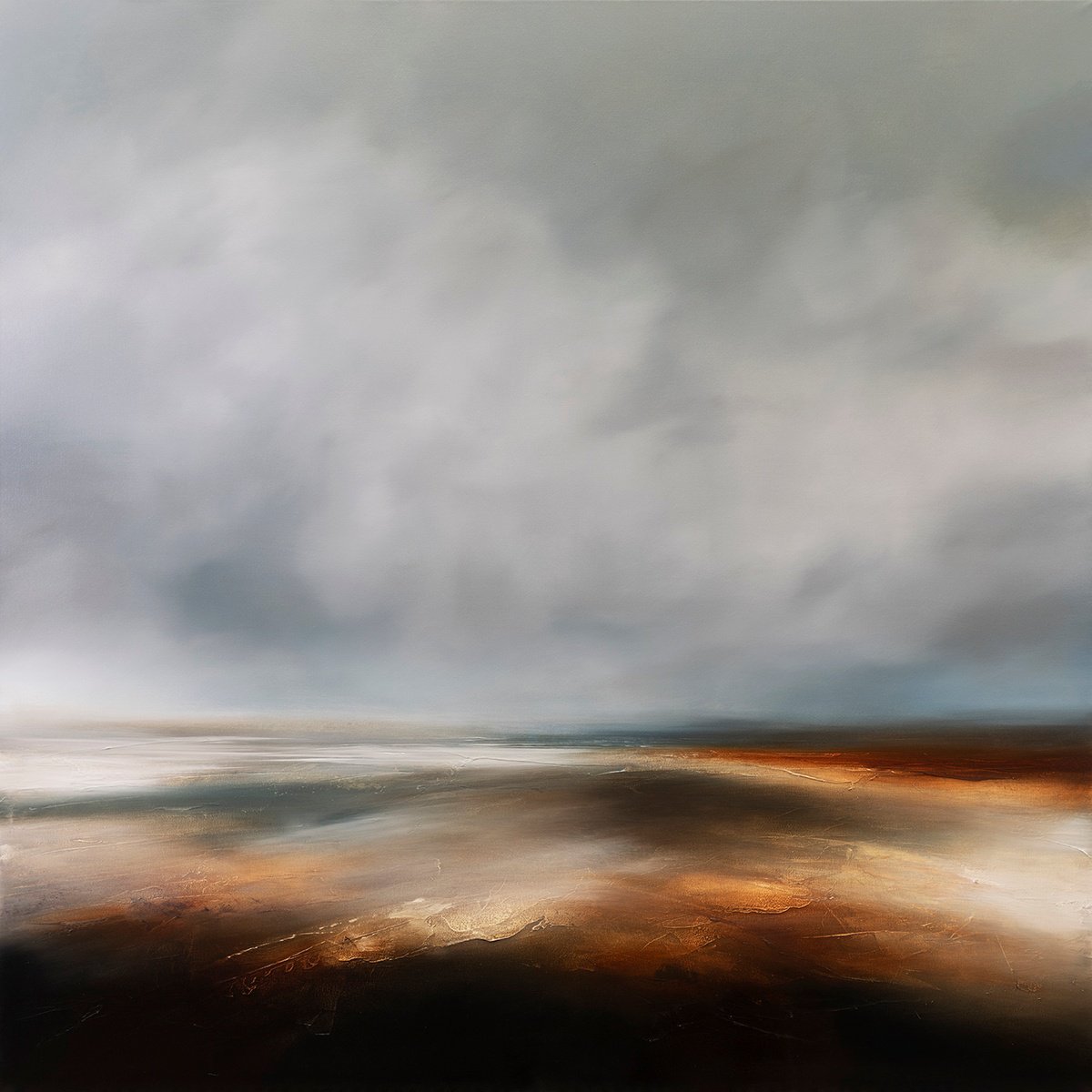Abstract Landscape Oil Painting By Paul Bennett, 39 X 39", Dark Tides Rising, Original Artwork