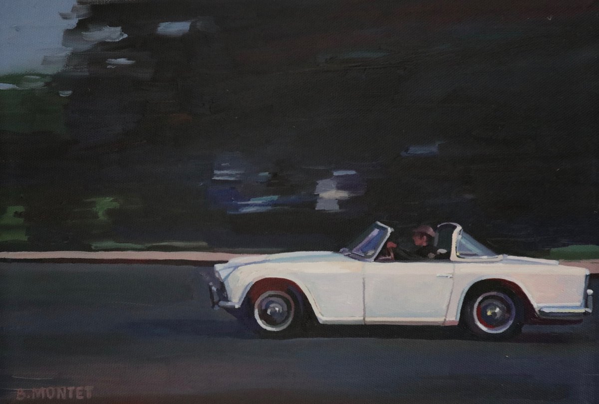 Photorealistic Transport Oil Painting By Benoit Montet, 14 X 10, Triumph Tr4 , Original Artwork