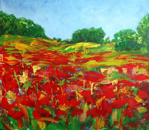 Poppies field... Flowering wildflowers... /  ORIGINAL ACRYLIC PAINTING by Salana Art Gallery