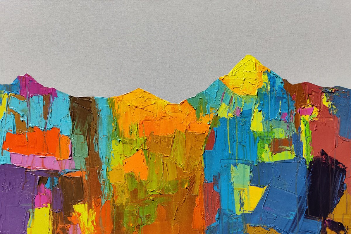 Abstract Landscape Acrylic Painting By Abhishek Kumar, 42 X 30, Peaks At Noon, Original Artwork