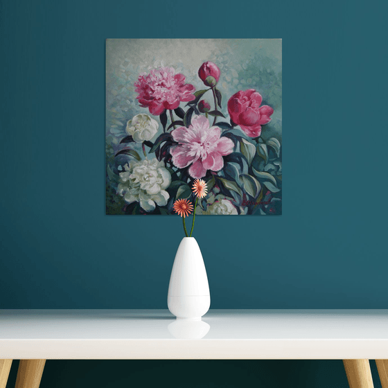 Peonies season - Floral art, Acrylic, 40x40 cm