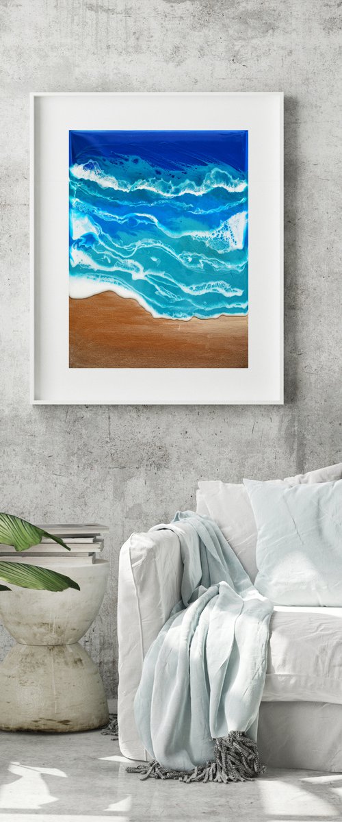 On the beach - original seascape artwork, epoxy resin on canvas by Delnara El