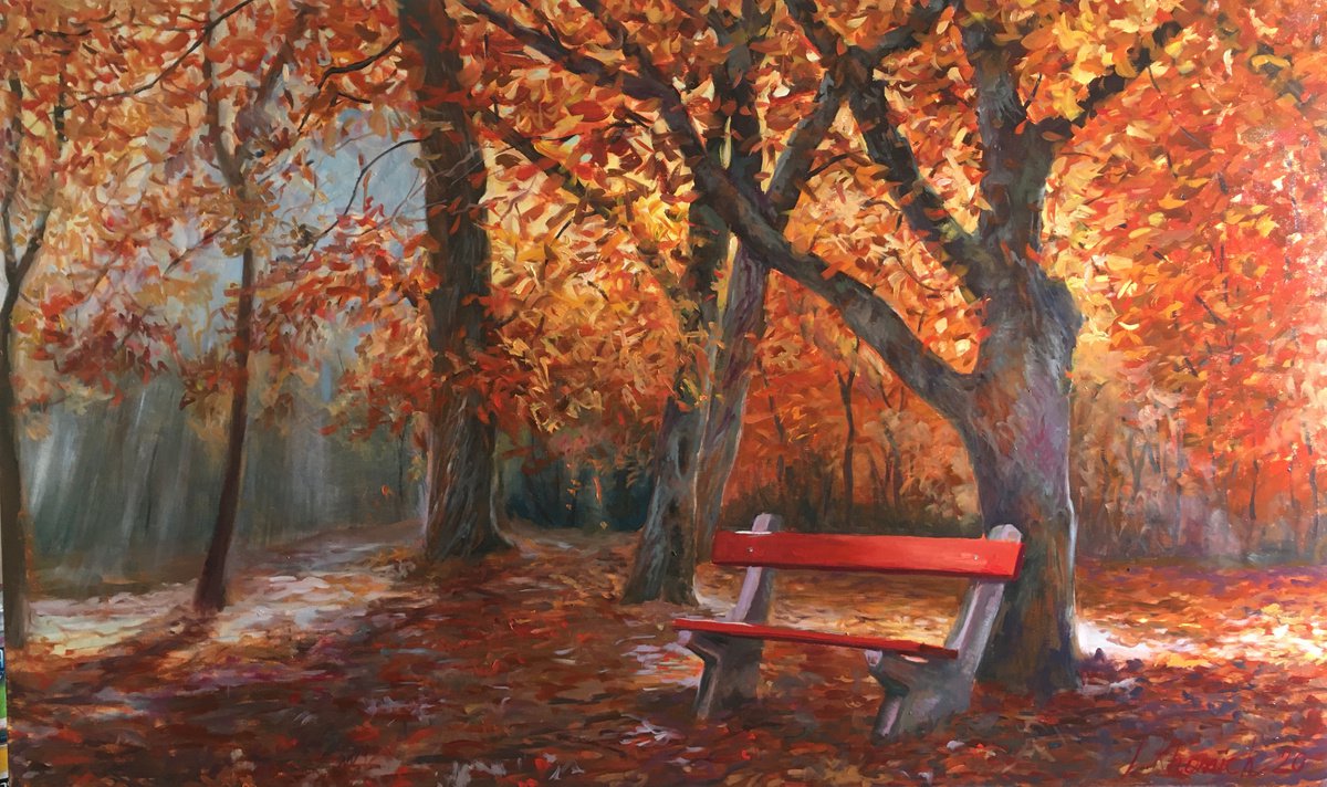 Photorealistic Landscape Oil Painting By Leo Khomich, 60 X 36", Sunny Autumn Forest, Original Artwork