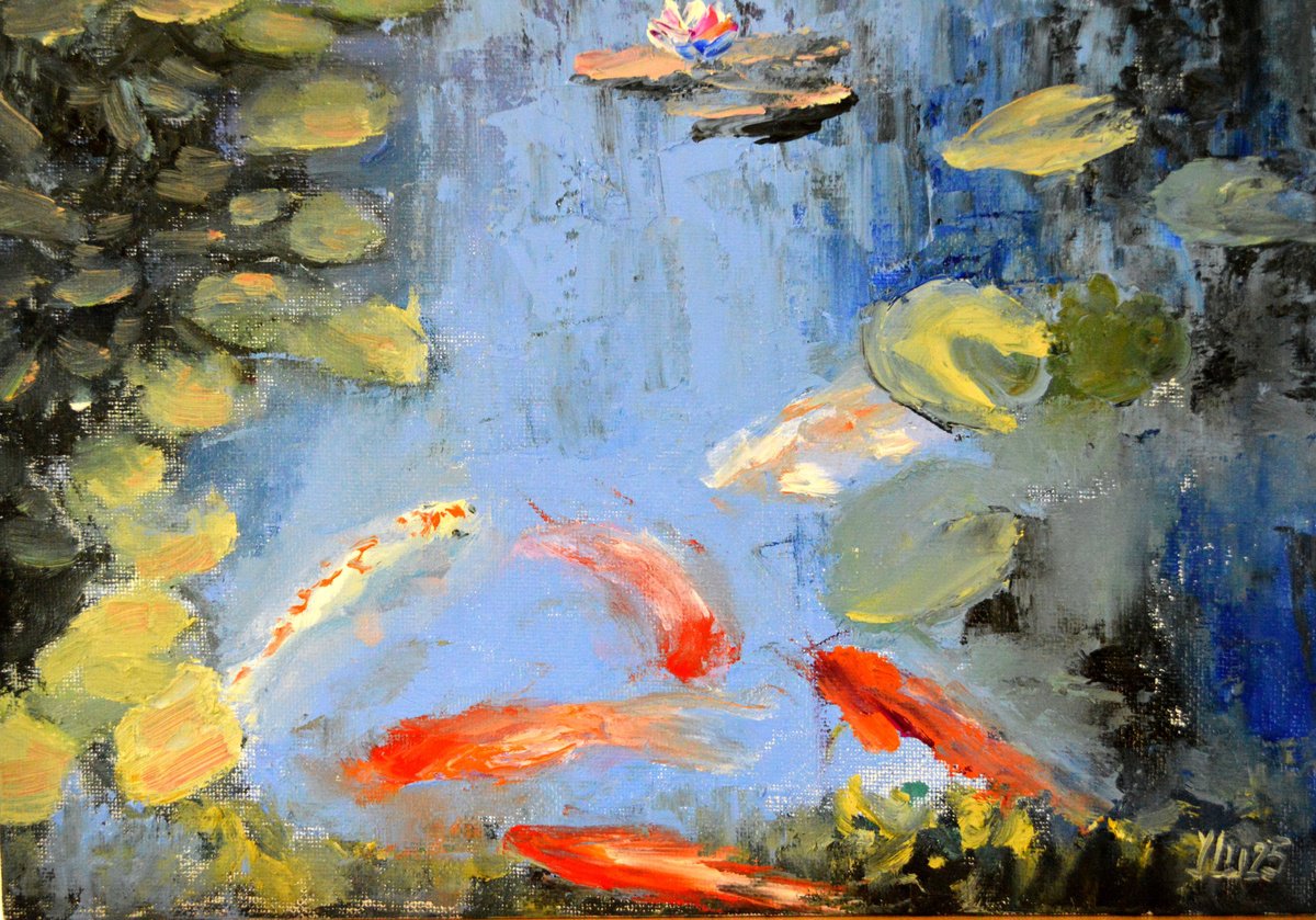 Impressionistic Animal Oil Painting By Elena Lukina, 12 X 8, Pond With Fish. Sketch, Original Artwork