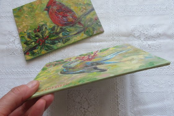 Fairy Bird Painting 6x8in Oil,Tiny Animal Wildlife,Shelf Table Nursery Decor,Small Pocket Bird,Blue Yellow Custom Miniature,Love Art Gift