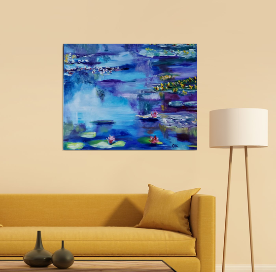 Water Lilies  92 x 76 x 2 cm inspired by Claude Monet  water reflections, purple, turquoise, blue sky