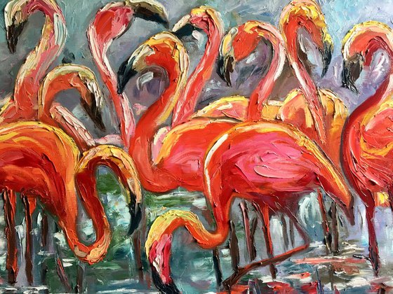 ORANGE FLAMINGOS. PAlLETTE KNIFE painting .