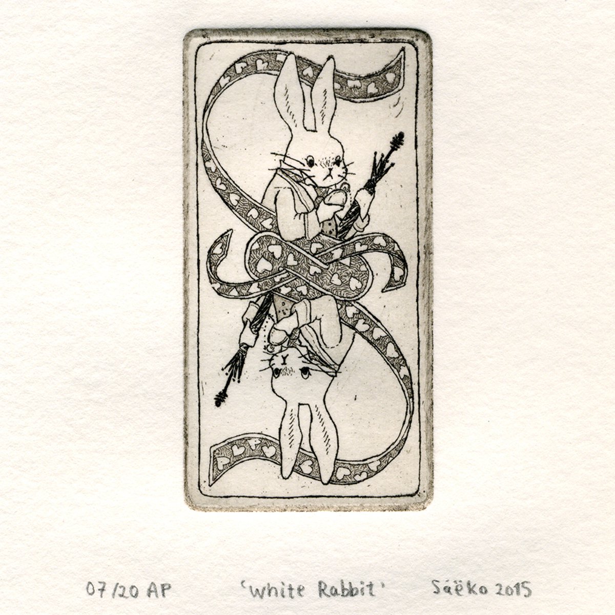 Illustrative Portrait Etchings & Engravings By Saeko, 6 X 7", White Rabbit, Original Artwork