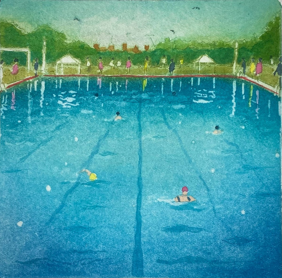 Illustrative Landscape Etchings & Engravings By Rebecca Denton, 7 X 7", Park Road Lido, Original Artwork