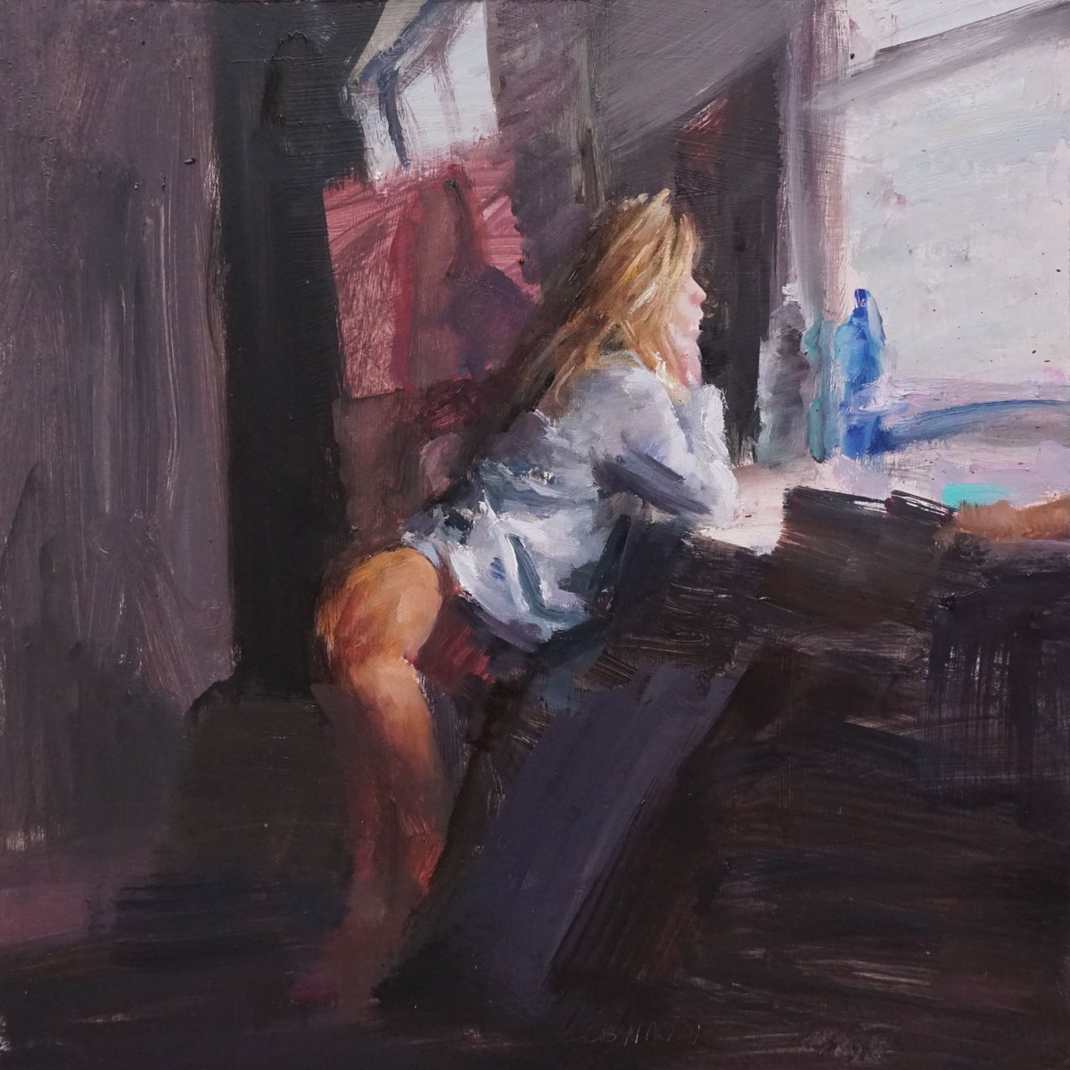 Expressive Portrait Oil Painting By Manuel Leonardi, 16 X 16", Meg In Studio, Original Artwork