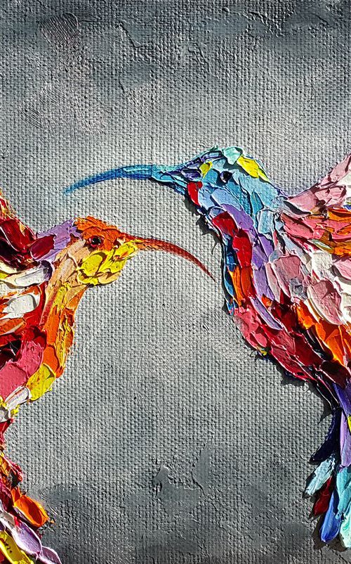 Kiss in flight - hummingbirds, birds, oil painting, love by Anastasia Kozorez