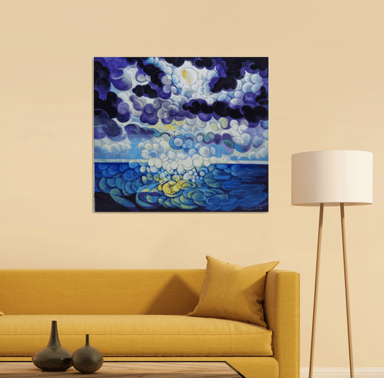 Full Moon (80x90cm, cubism, oil painting, ready to hang)