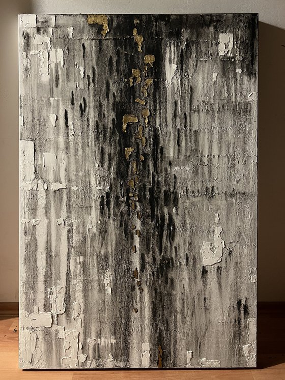 Blind rain. Gray with white gold. 122 x 82 cm. - 48 X 32 inches.