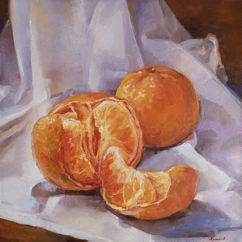 Two mandarines #2, original, one of a kind, impressionistic style still life painting (20x20x2'') by Alexander Koltakov