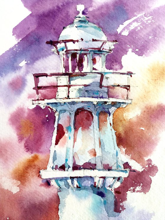 "Lighthouse on the background of the sunset sky" original watercolor