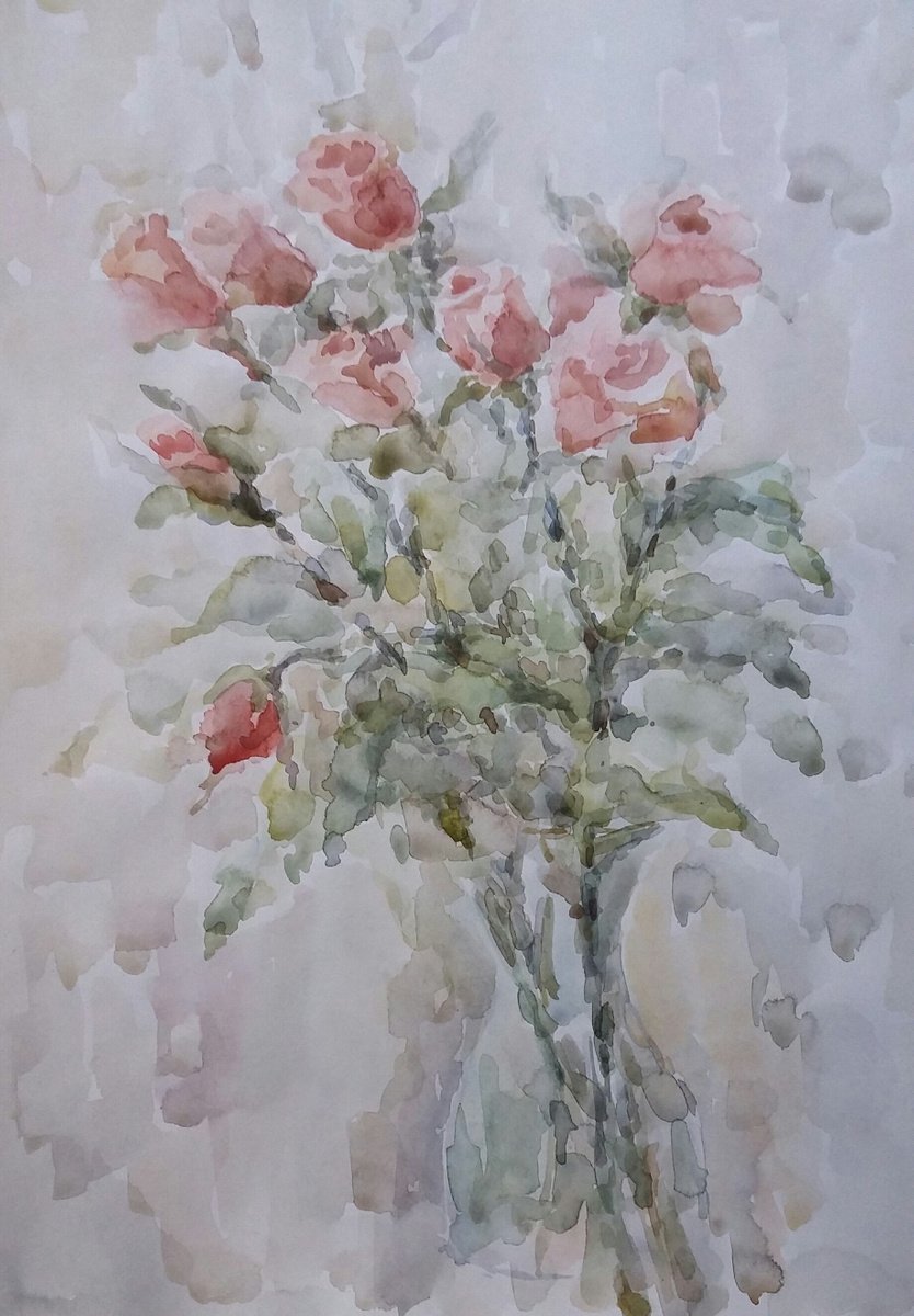 Impressionistic Still Life Watercolour By Elena Klyan, 11 X 17, Bouquet Of Roses., Original Artwork