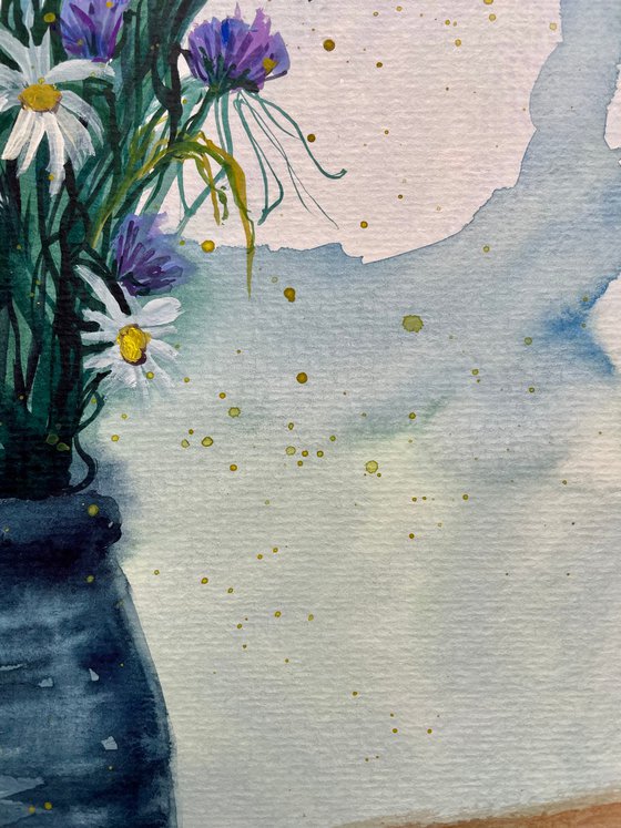 Flowers Original Watercolor Painting, Daisy Wall Art, Wildflowers Artwork, Cottagecore Art, Gift for Her