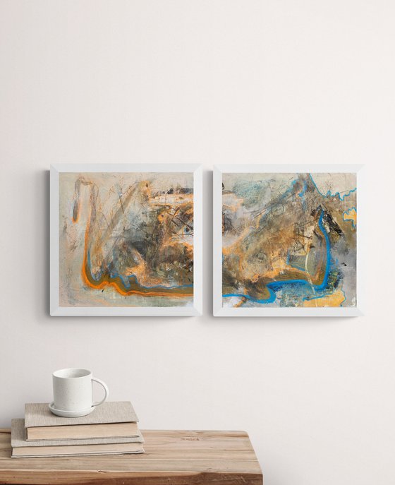 "Tandem" - diptych abstract, beige abstract painting, small painting, 25*25 cm.