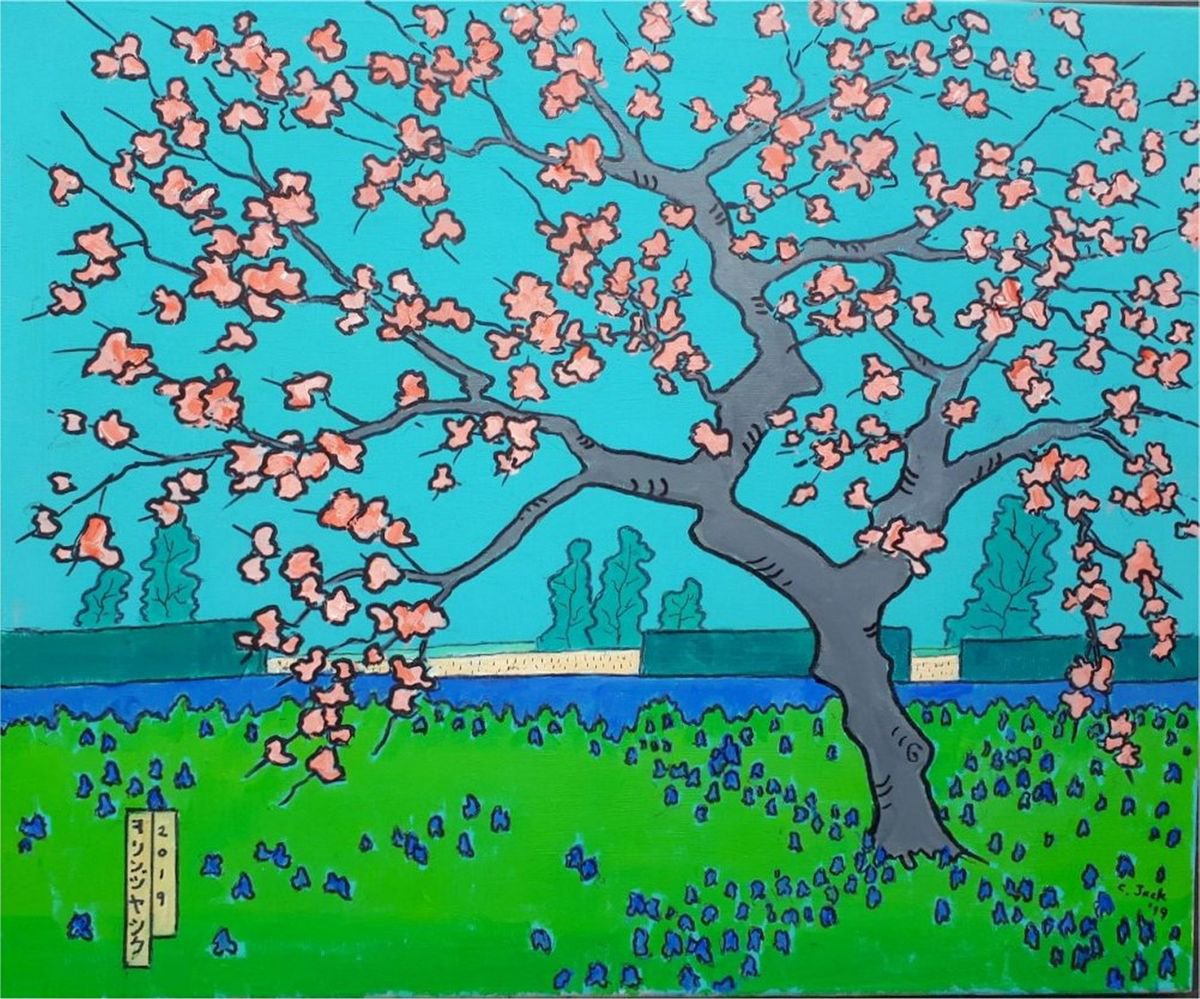Botanical Acrylic Painting By Colin Ross Jack, 24 X 20, Pink Blossom Tree [Ukiyo], Original Artwork