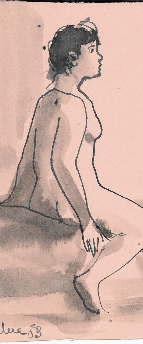 BLUE DREAMS nude study life drawing on pink paper 17x21 cm by Frederic Belaubre