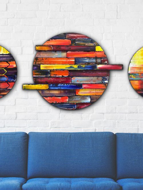 "Can We Tag Along?" - Save As A Series - Original PMS Sculptural Oil Painting Assemblage Triptych On Circular Wooden Panels - 68 x 25 inches by Preston M. Smith (PMS)