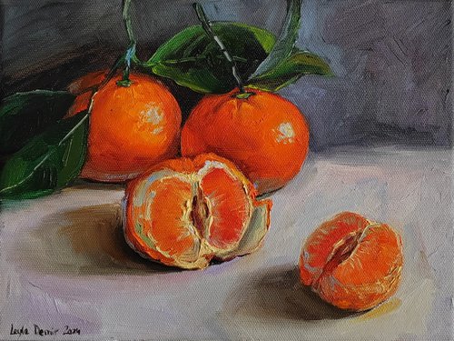 Clementine oil painting fruit still life original canvas art by Leyla Demir