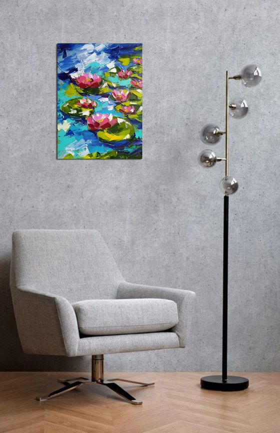 Lilies - lilies oil painting, lake, river, flowers in water, flowers on the river, water lilies, water lilies oil painting