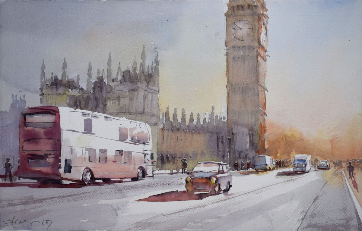 Impressionistic Cityscapes Watercolour By Goran Zigolic Watercolors, 22 X 14, Big Ben Sunset 2, Original Artwork